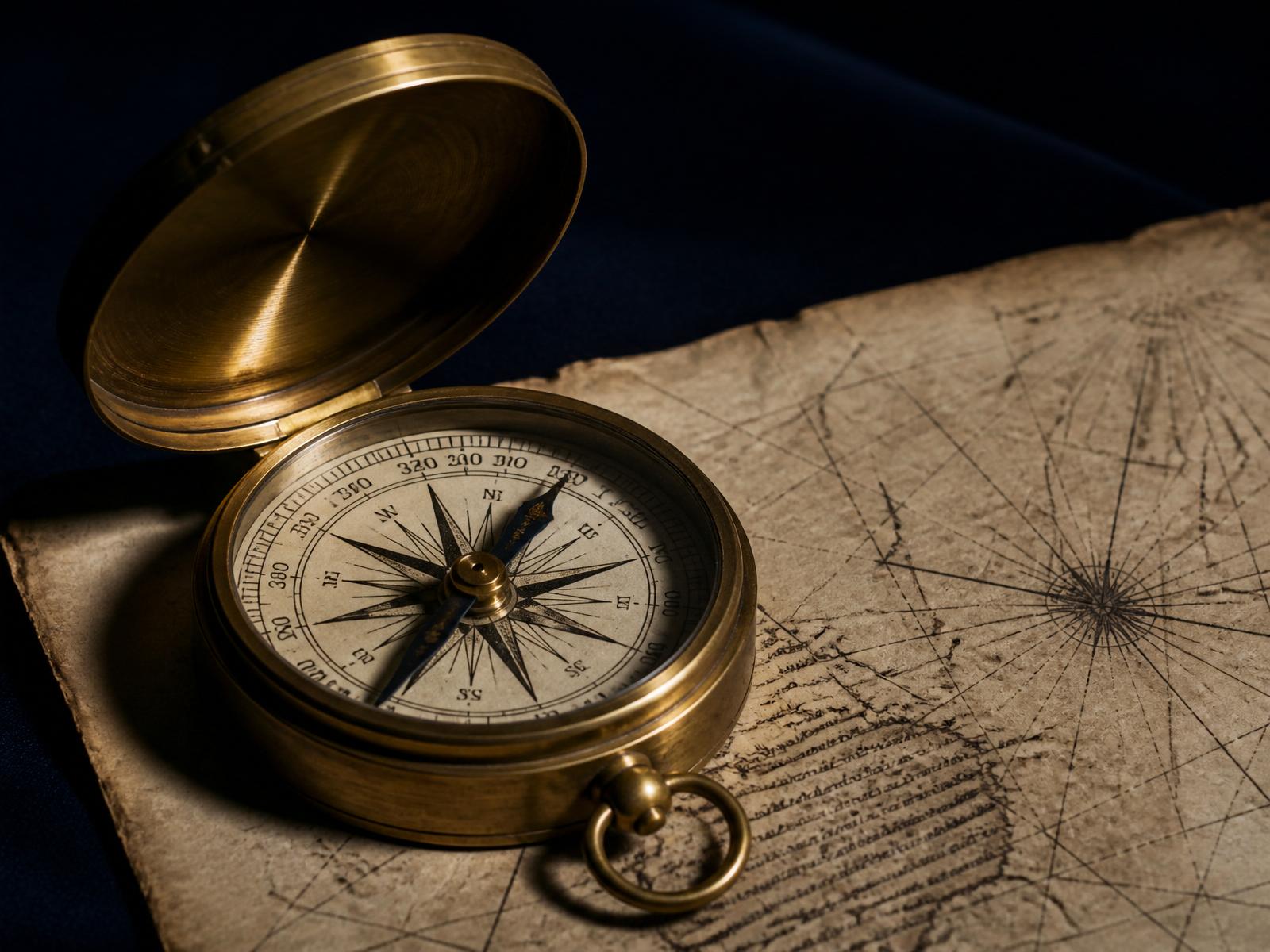 Antique brass compass on a navigational chart